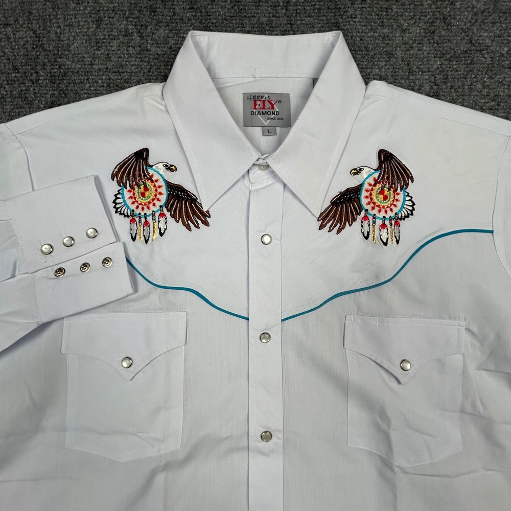 Ely Diamond Western Snap Shirt Mens L White Eagle Embroidered Pearl Snap 3963WHT